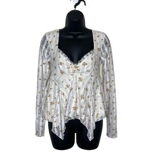 Vtg White Babydoll‎ Blouse Floral Asymmetrical Hem Sheer Mesh Y2K Fairy Grunge S